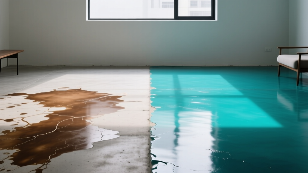 Side-by-side interior concrete floor showcasing mottled brown acid stain on the left and vibrant teal water-based stain on the right