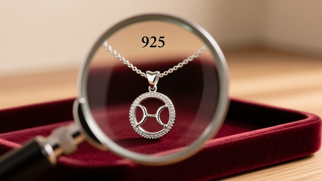 Jeweler loupe inspecting the 925 hallmark and bezel setting of a delicate Pisces zodiac pendant on a velvet tray, warm light