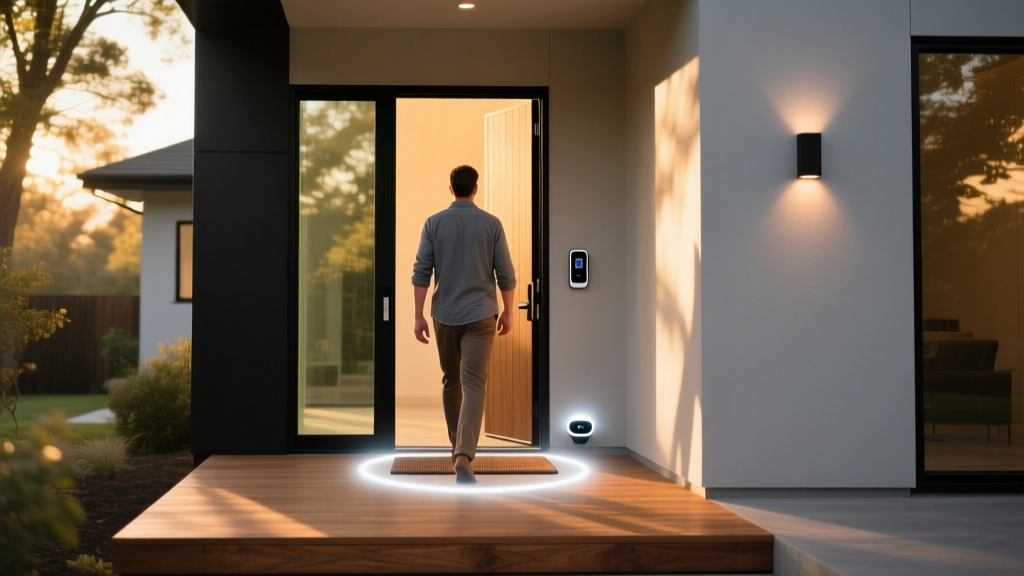 Homeowner approaching a smart entryway where a hidden LiDAR sensor projects a subtle welcome mat illumination on the porch.