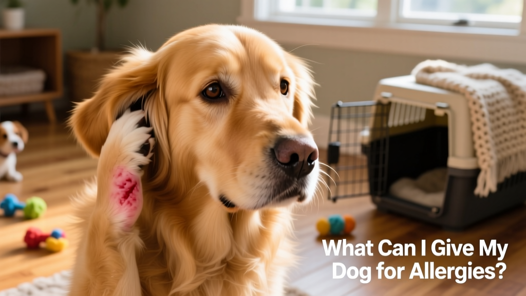 Close-up of a golden retriever gently scratching behind its ear, showing mild redness on the skin