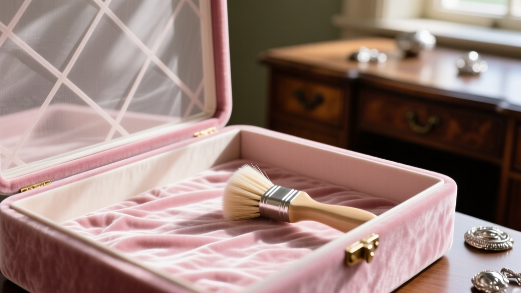 Dusty pink vintage velvet jewelry box lining carefully cleaned using a soft bristle brush and a protective mesh screen overlay