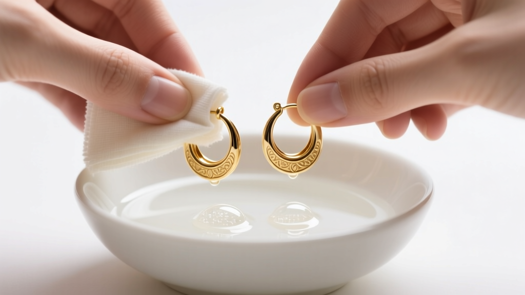 Hands cleaning intricate 10k gold huggie earrings with a soft microfiber cloth and mild soapy water in a white ceramic bowl.