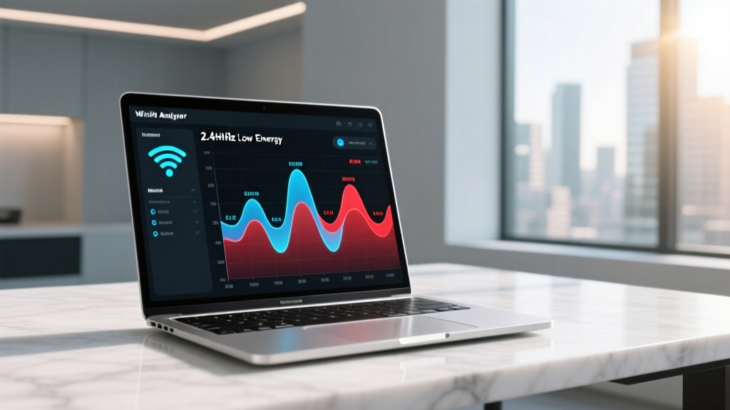 Laptop screen displaying a Wi-Fi Analyzer app showing 2.4GHz channel congestion overlapping with Bluetooth Low Energy frequency hopping map
