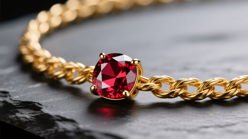 Macro shot of a 14k solid gold rope chain holding a vivid ruby pendant, resting on dark slate under warm studio lighting.