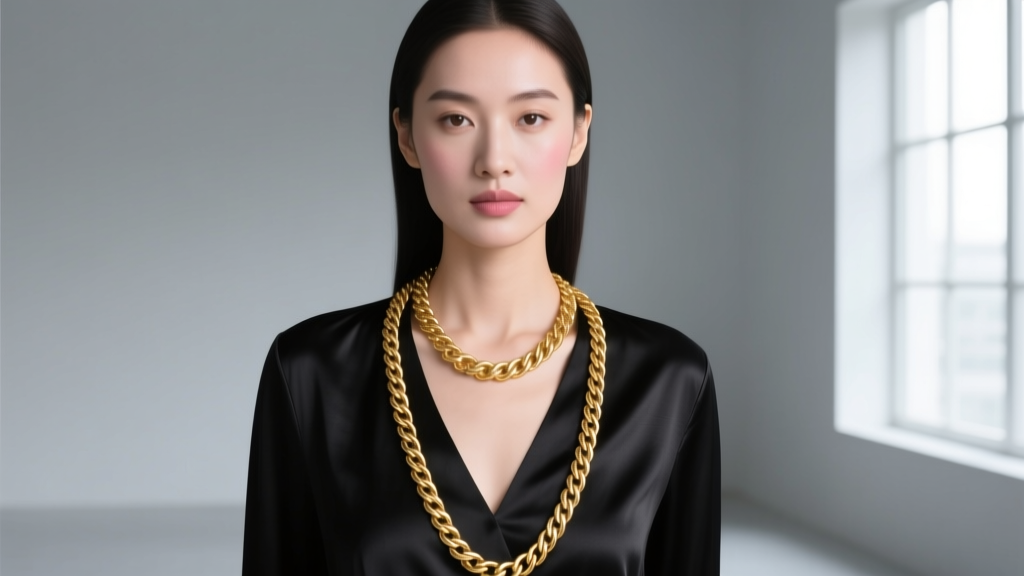 Woman wearing a 24-inch 18k gold rope chain over a black silk V-neck blouse, soft lighting highlighting the polished metal links