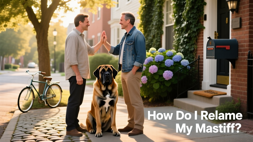 Two people meeting respectfully with a Mastiff on a quiet neighborhood street