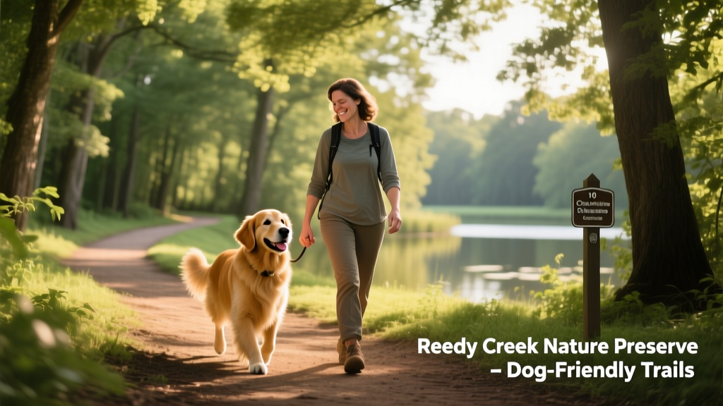 A dog and their owner exploring a scenic, tree-lined walking trail at Reedy Creek Nature Preserve in Charlotte
