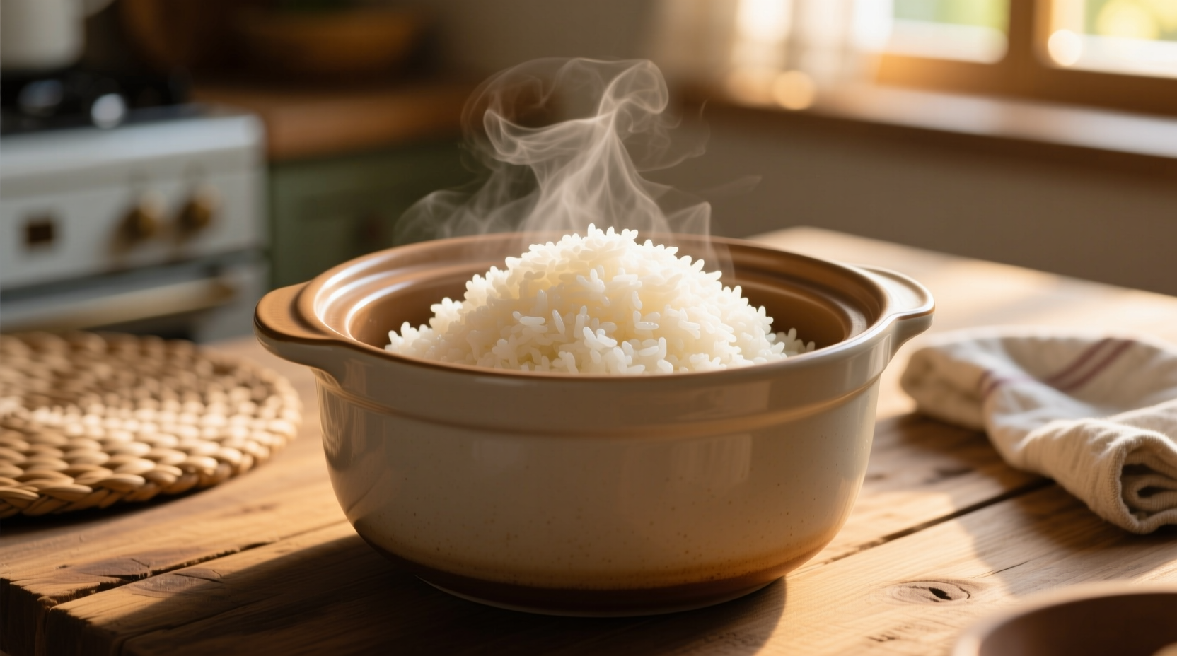 Fluffy white rice in slow cooker bowl