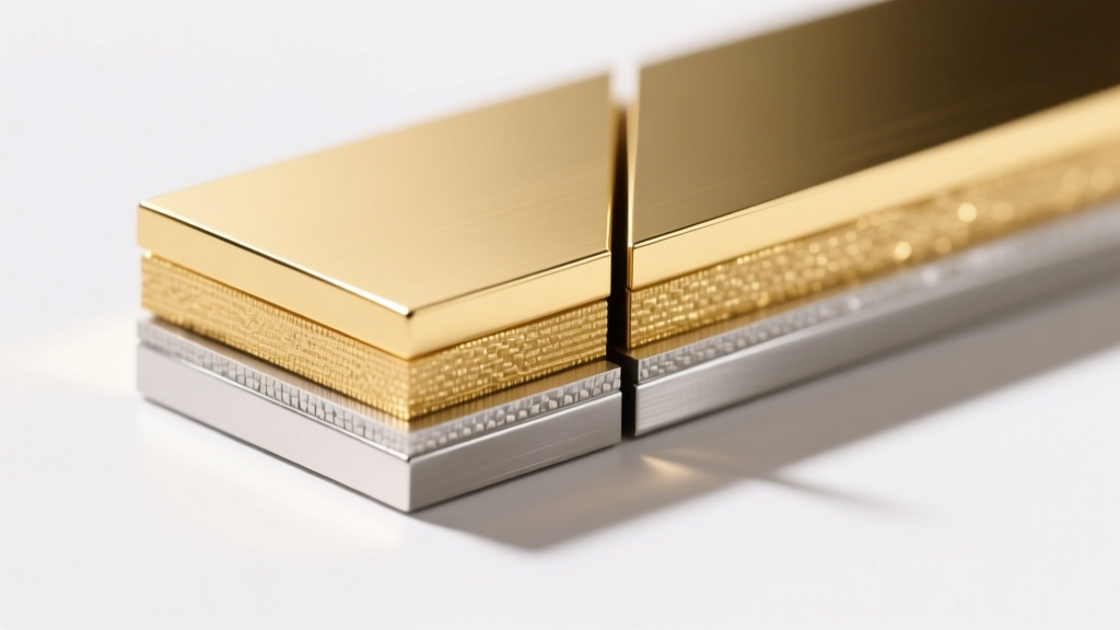 Illustrated cross-section of gold vermeil versus standard plating, showing 2.5 micron gold layer over a sterling silver base metal