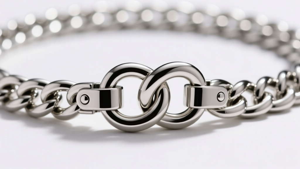 Extreme close-up of a heavy-duty hidden box clasp with a figure-eight safety latch on a thick sterling silver choker chain