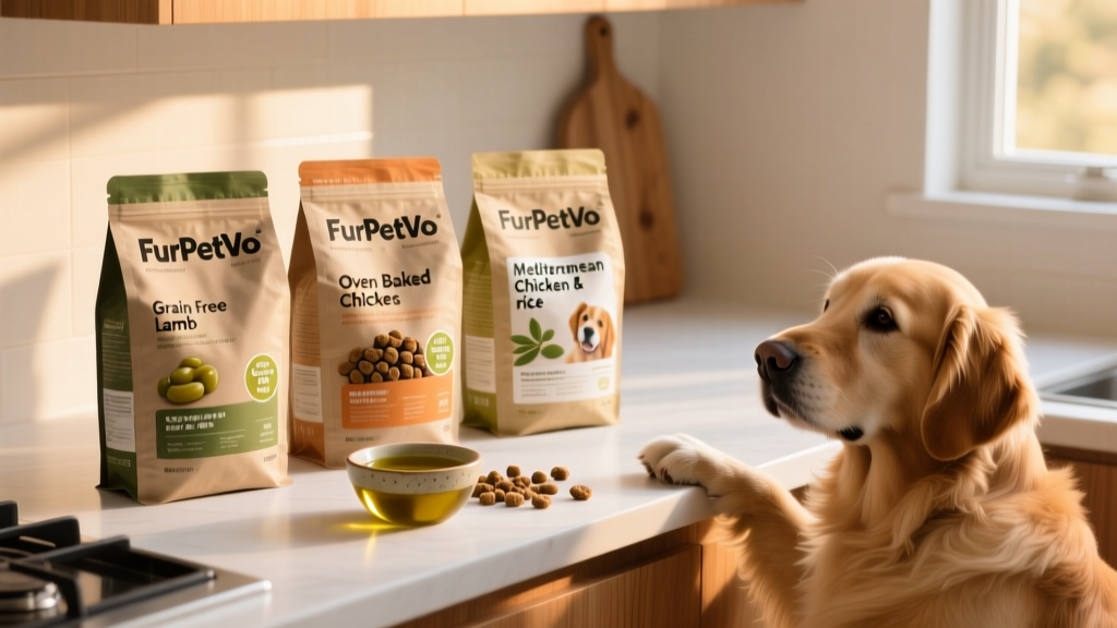 Three FurPetVo dog food bags—grain-free lamb, oven-baked chicken bites, and Mediterranean chicken & rice—lined up on a clean kitchen counter