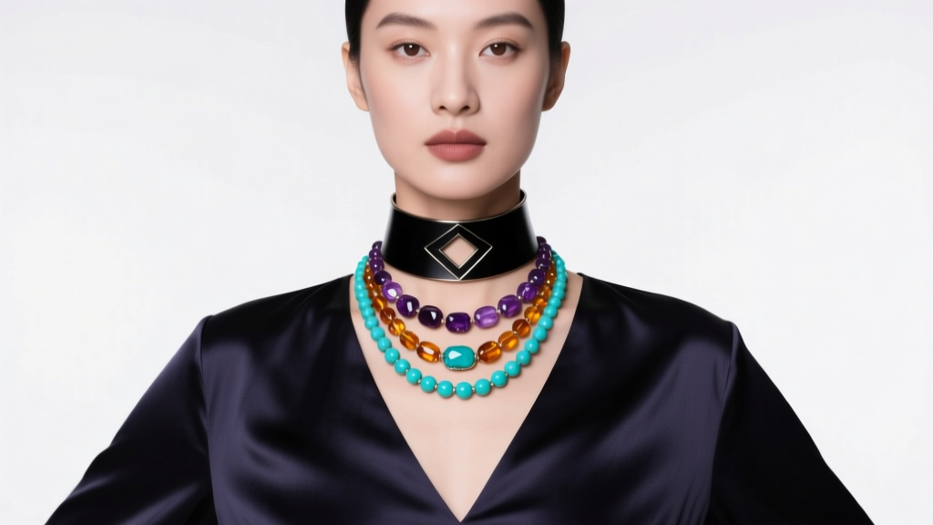 Woman wearing a 16-inch choker and 20-inch semi precious gemstone necklace over a dark V-neck silk blouse in soft studio light
