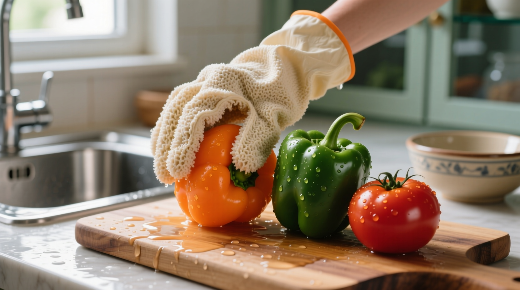 use exfoliating bath gloves to clean fruits and vegetab