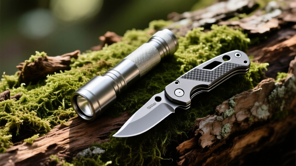 Flatlay of premium EDC gear including a titanium flashlight, carbon fiber multitool, and folding knife resting on a mossy pine log.