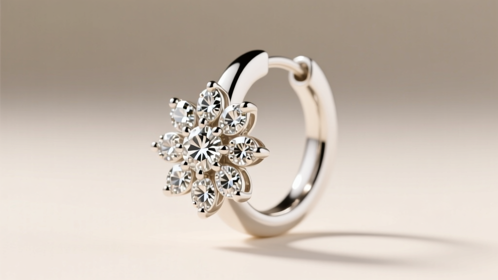 Extreme close-up of a micro-pavé diamond daisy charm soldered onto an 18-gauge white gold seamless continuous hoop earring
