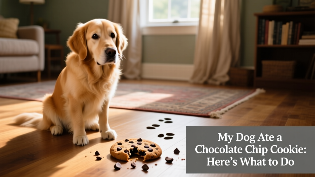 A curious dog sitting beside a crumbled chocolate chip cookie on the floor