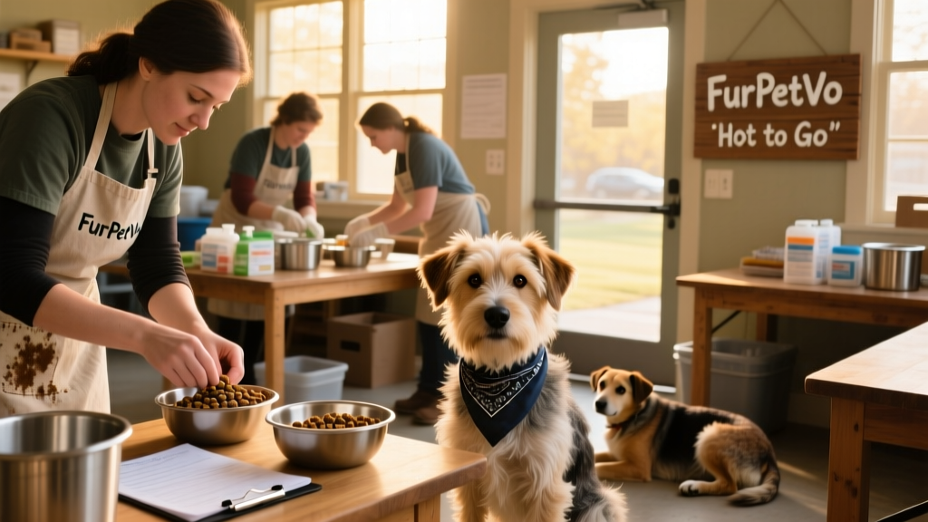 Volunteers at FurPetVo preparing medical supplies and food for shelter dogs