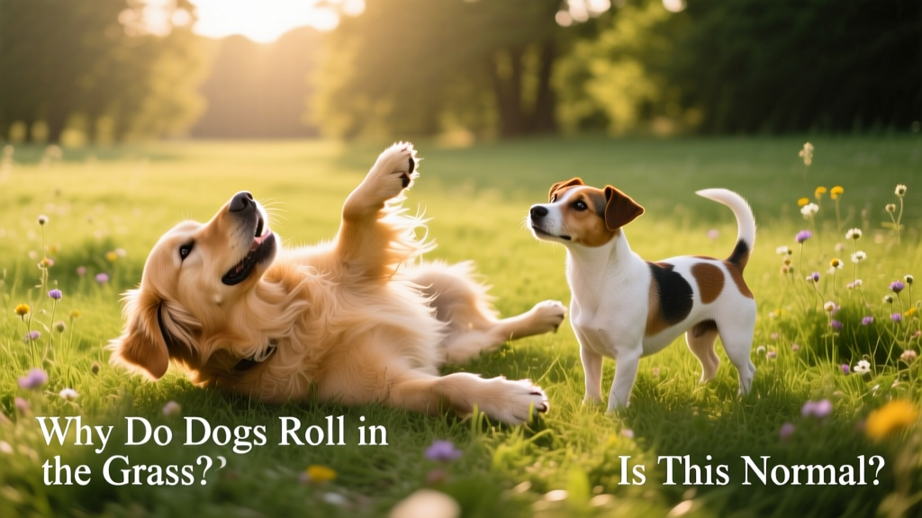 Two dogs playing side-by-side in a sunlit meadow, one mid-roll while the other watches curiously