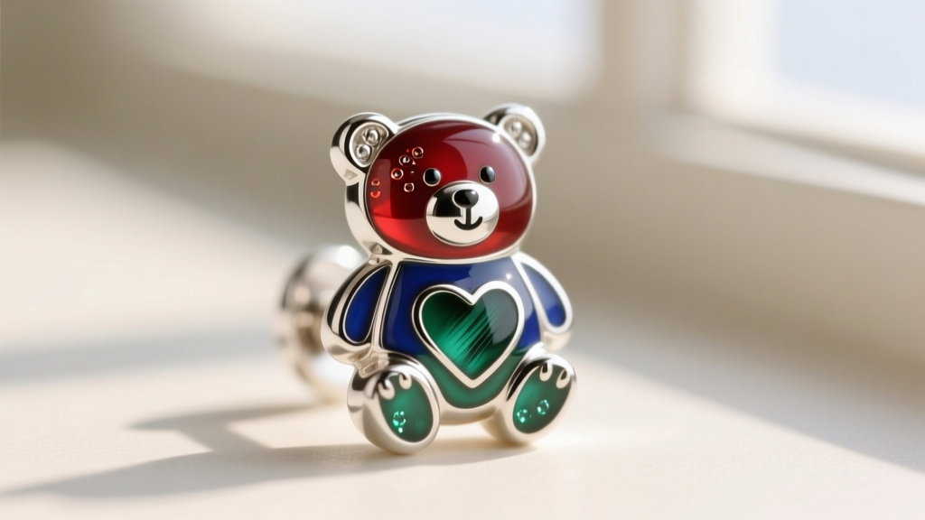 Macro close-up of a sterling silver Care Bear earring showing the polished surface of hard-fired vitreous enamel on the belly symbol