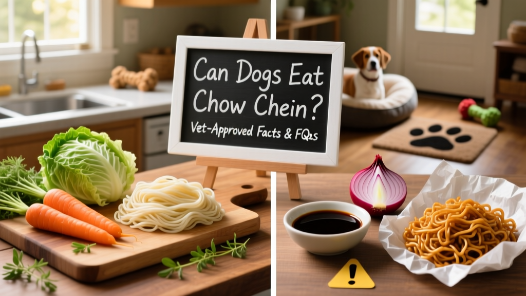 Side-by-side comparison: safe dog-friendly chow mein ingredients (carrots, cabbage, plain noodles) vs. unsafe ones (soy sauce, onions, fried noodles)