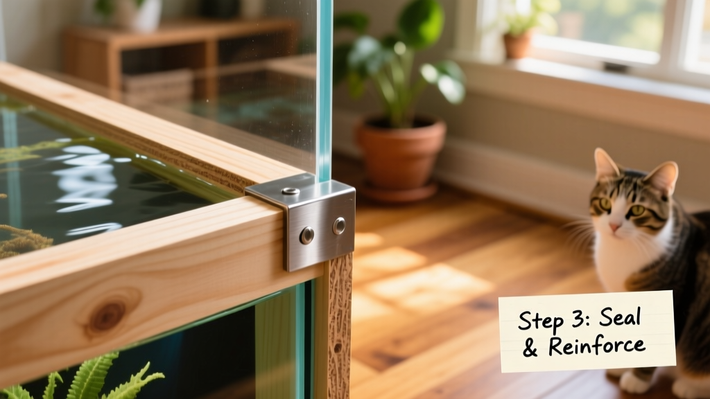 Close-up of epoxy-sealed plywood corner joint with stainless steel reinforcement bracket