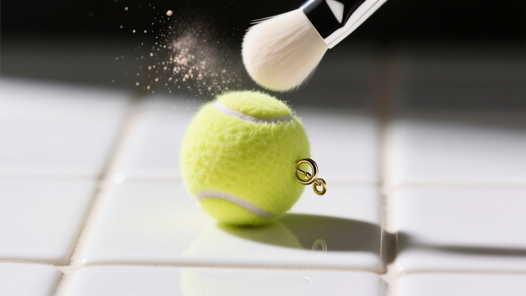 Soft makeup brush gently dusting the fuzzy flocked surface of a novelty tennis ball earring resting on a clean white ceramic tile