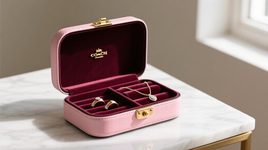 Open blush pink Coach jewelry case on marble showing velvet ring rolls, necklace snaps, and polished brass hardware in soft light