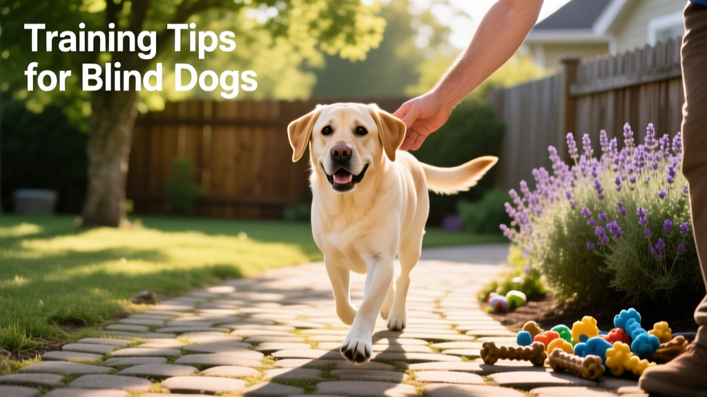 A joyful blind dog trotting confidently across a sunlit backyard, guided by gentle voice cues from their handler just off-frame