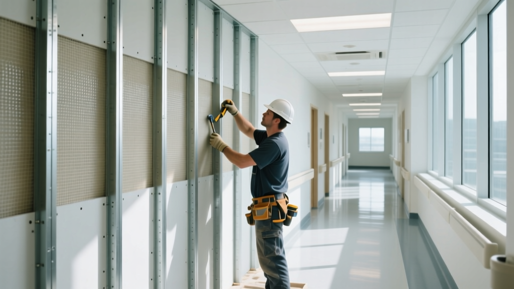 Contractor installing thick fiberglass-mesh-backed abuse-resistant gypsum board on steel studs in a bright hospital corridor