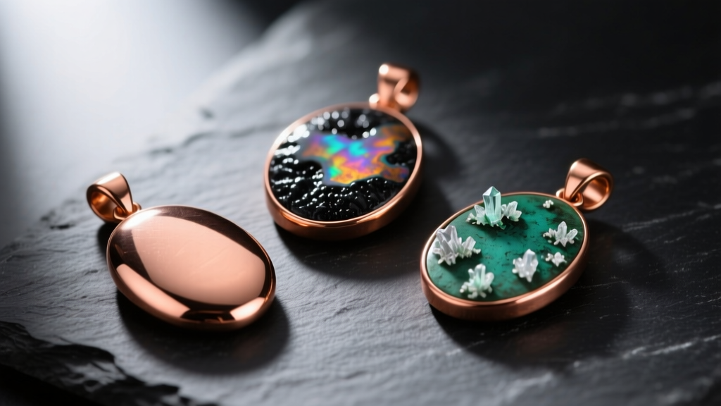 Macro shot of three copper pendants showing polished, liver of sulfur, and natural verdigris patinas on a dark slate background