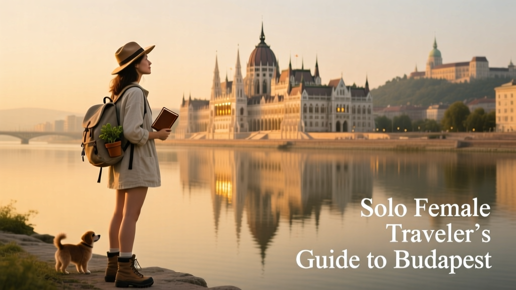 A solo female traveler enjoying panoramic views of the Danube River and the Hungarian Parliament Building at dusk