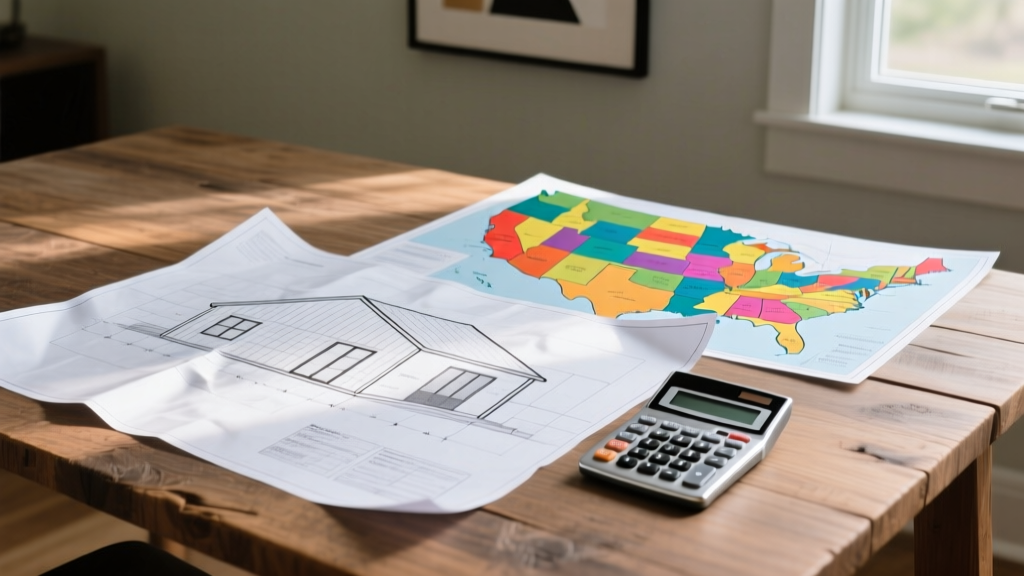 Architectural blueprints for a simple rectangular house spread on a wooden table next to a calculator and regional US map