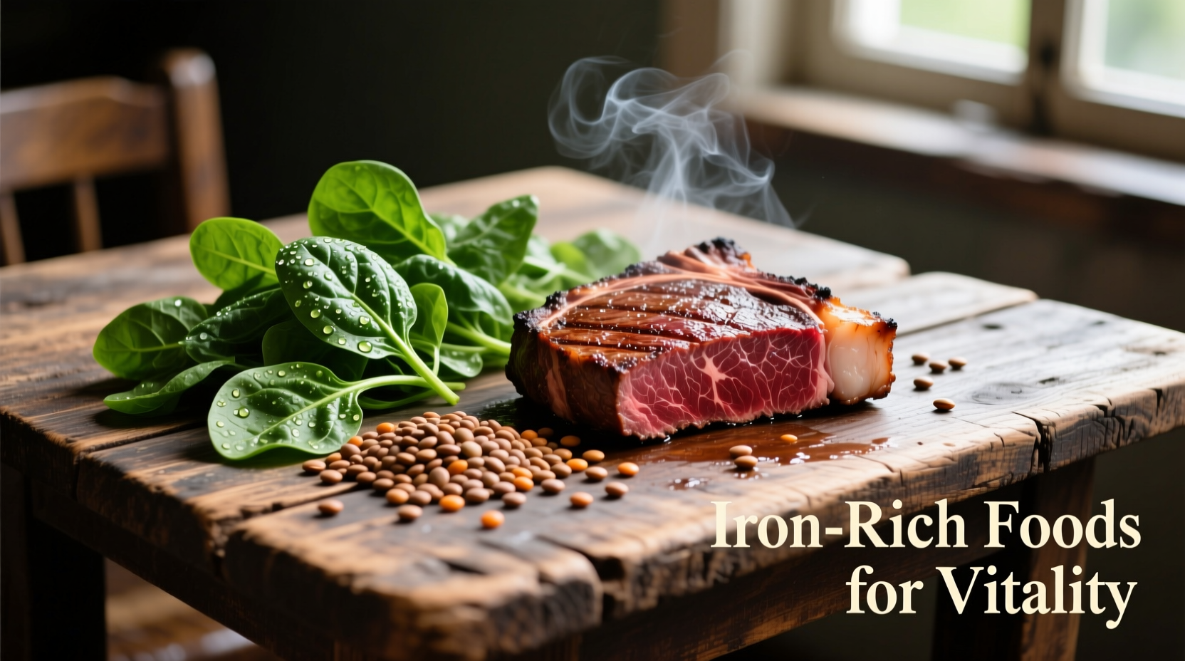 Iron-rich foods including spinach, lentils, and red meat on wooden table