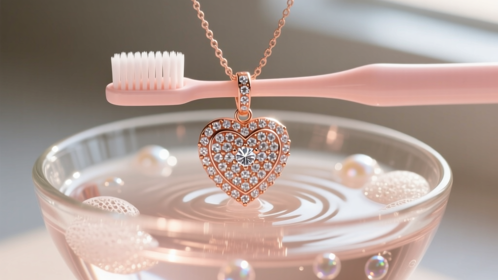 Soft baby toothbrush gently cleaning the underside of a rose gold pave diamond heart pendant in a glass bowl of warm soapy water.