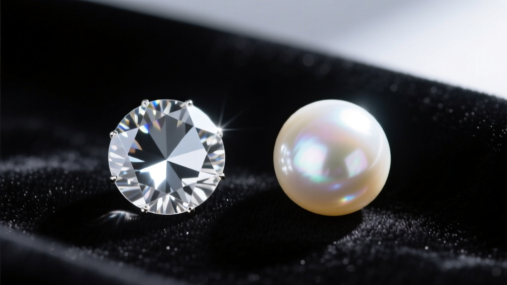 Macro close-up of a Swarovski crystal pearl beside a natural freshwater pearl, showing luster differences on dark velvet fabric.
