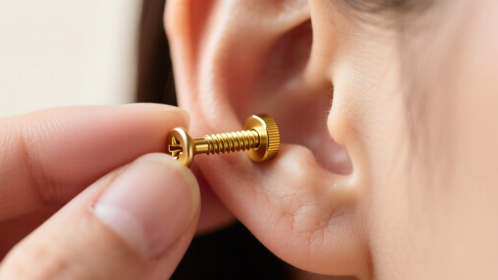Hands securing a gold screw back earring on an earlobe, highlighting the threaded post and nut backing in soft natural lighting.
