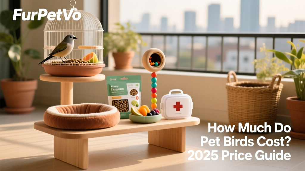 A neatly organized bird care station with FurPetVo products: cage liners, nutrition bundle, foraging toys, and first-aid kit