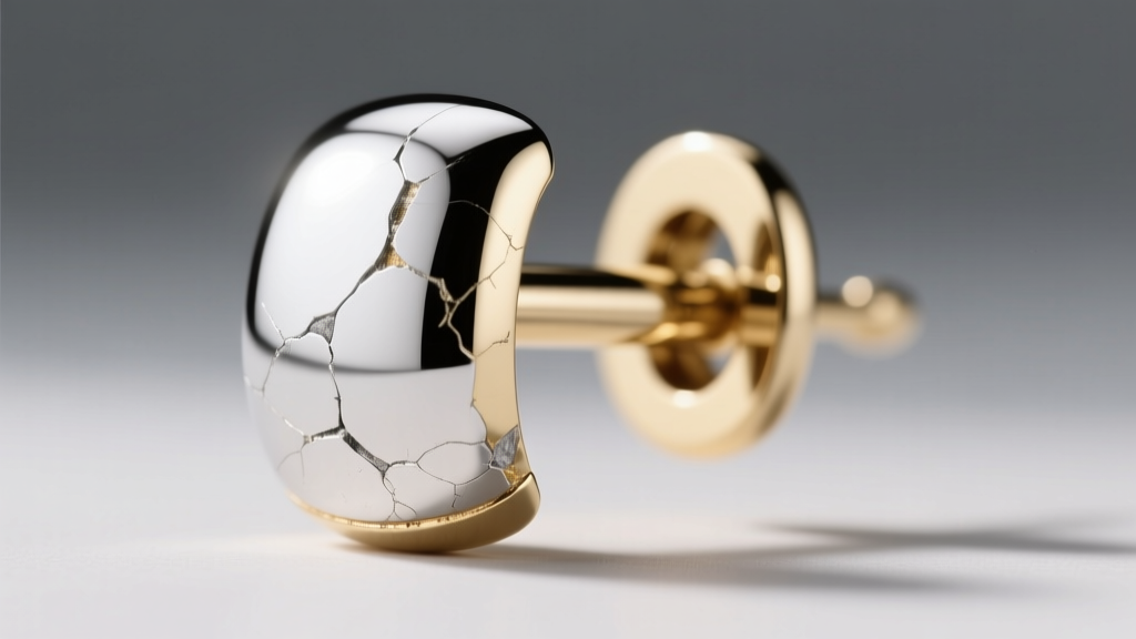 Render of a white gold earring post showing rhodium wear exposing the raw nickel alloy beneath the polished metal surface