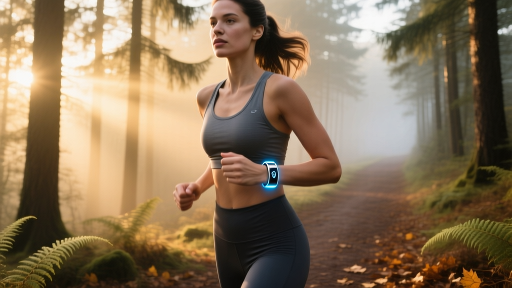 Woman jogging on a secluded trail wearing a smart jewelry safety bracelet that doubles as a covert GPS tracker and silent panic alarm.