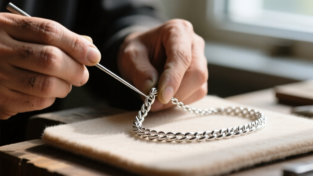 Close-up of a jeweler using a fine steel needle to gently un-kink a bent sterling silver wheat chain necklace on a felt pad
