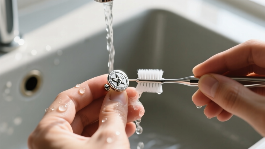 Hands cleaning a 4mm sterling silver military stud earring with a soft toothbrush and mild soapy water in a basic field sink.