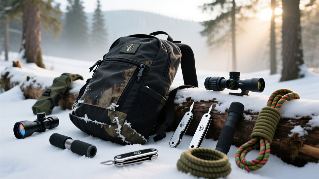 A rugged tactical backpack resting on a snowy pine log, surrounded by high-end multi-tools, thermal optics, and paracord rigging gear.
