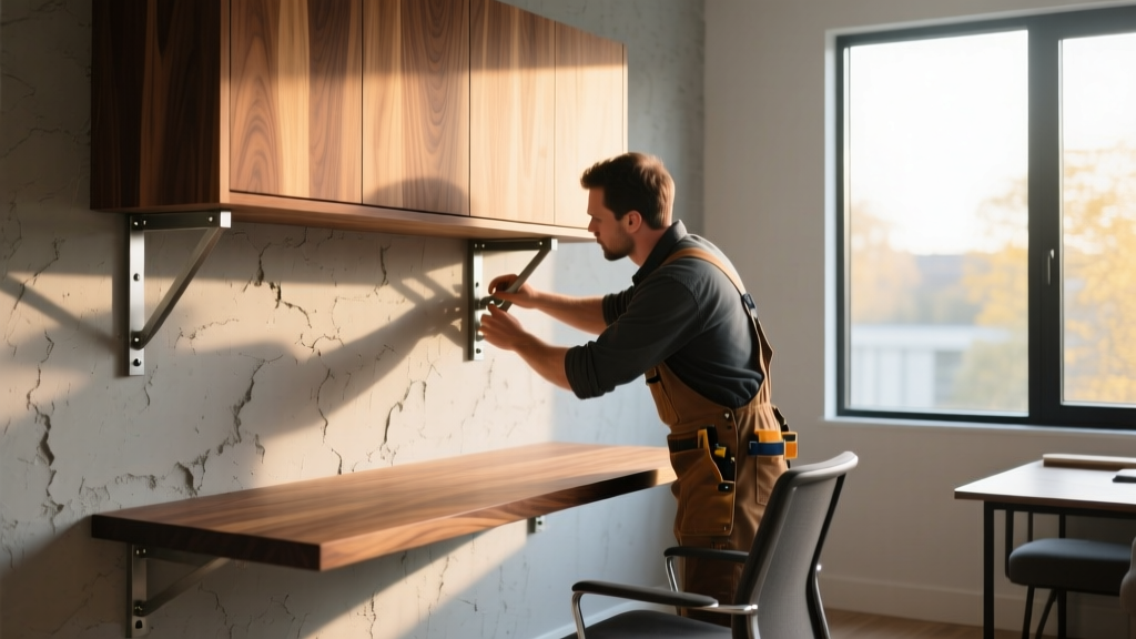 Carpenter installing a solid walnut floating built-in desk with concealed steel brackets against a textured plaster wall in a modern home office