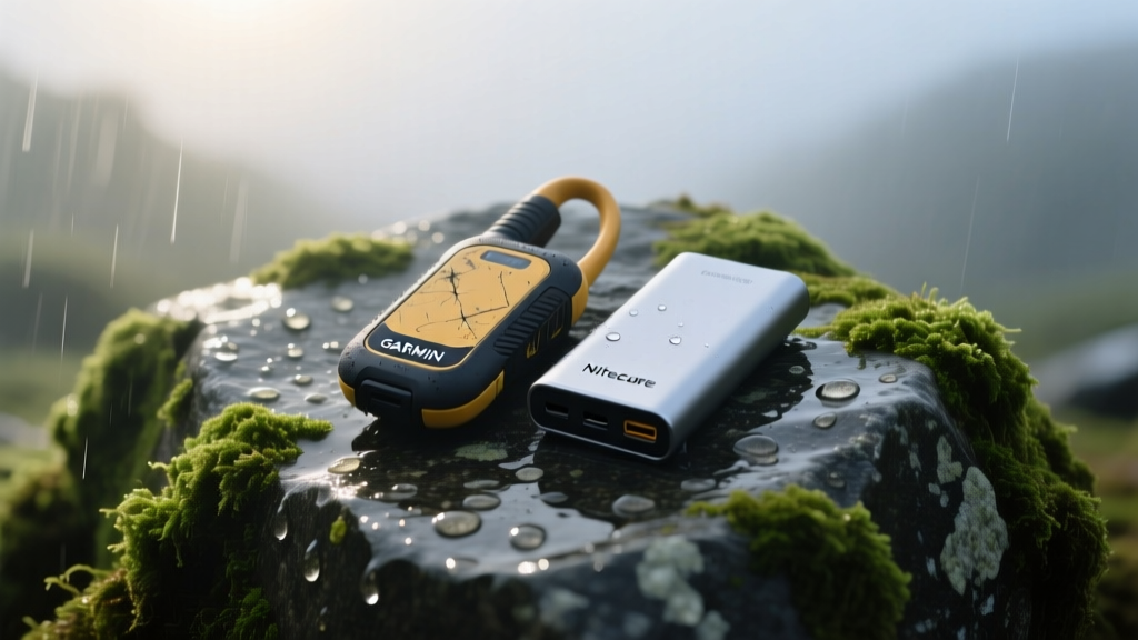 Scratched Garmin inReach Mini 2 and Nitecore power bank resting on a mossy granite boulder after a heavy rainstorm.