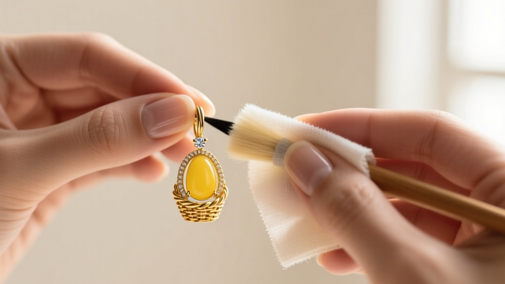 Close-up of hands using a specialized microfiber polishing cloth to gently buff the basket setting of a yellow gold drop earring
