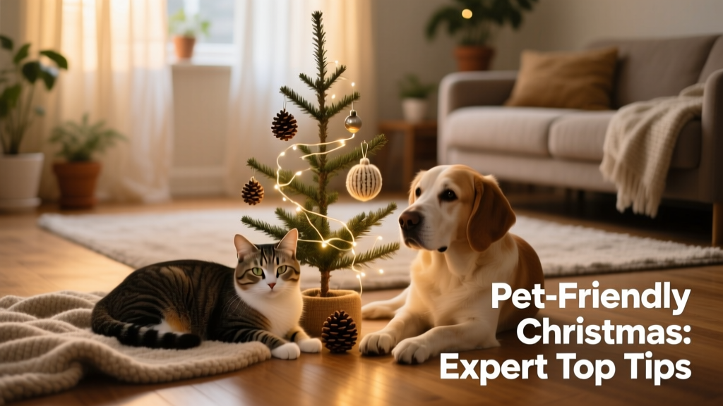 A calm cat and dog resting peacefully beside a minimally decorated Christmas tree and soft holiday lighting