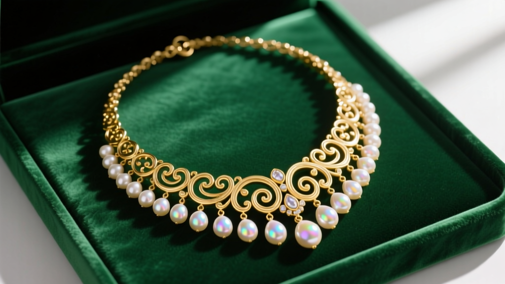Flat lay of a vintage 1980s gold-plated Park Lane faux pearl bib necklace resting on dark emerald green velvet jewelry display