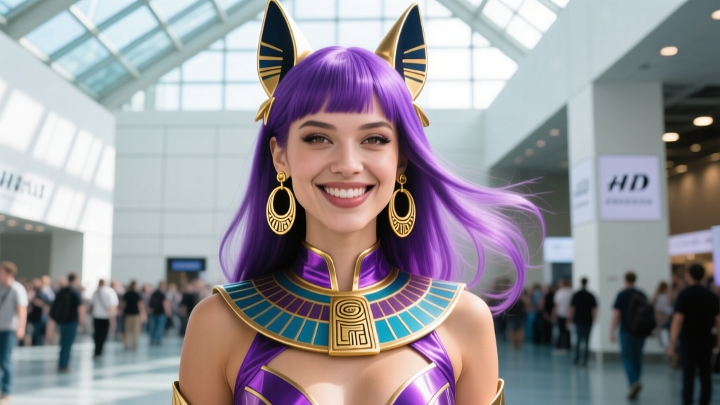 Cosplayer in a purple wig wearing delicate gold-plated Egyptian Anubis hoop earrings, smiling in a brightly lit convention hall.