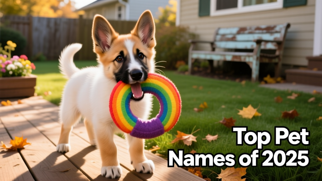 A playful German Shepherd puppy holding a colorful toy in its mouth