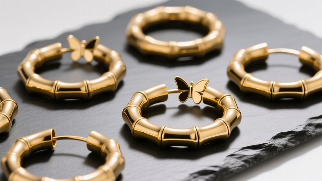 Gold bamboo hoops on slate showing the segmented tube design, high polish, and secure butterfly backing in soft studio lighting.